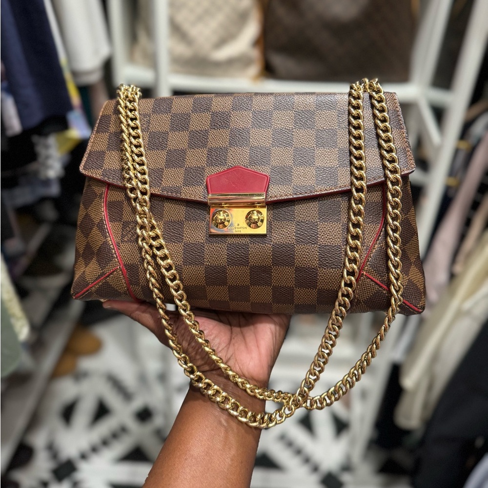 Authentic Damier Ebene Caissa Clutch Cherry
